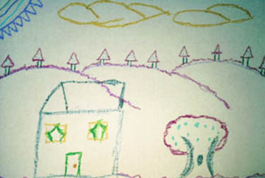 Child's drawing of a house with trees and hills in the background