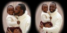 Two side-by-side vignette portraits of Issa with his young daughter. Both are wearing white clothing and the backdrop is white. In the portrait on the left, Issa is kissing his daughter on the cheek and she is looking at the camera. In the portrait on the right, both are looking at the camera.